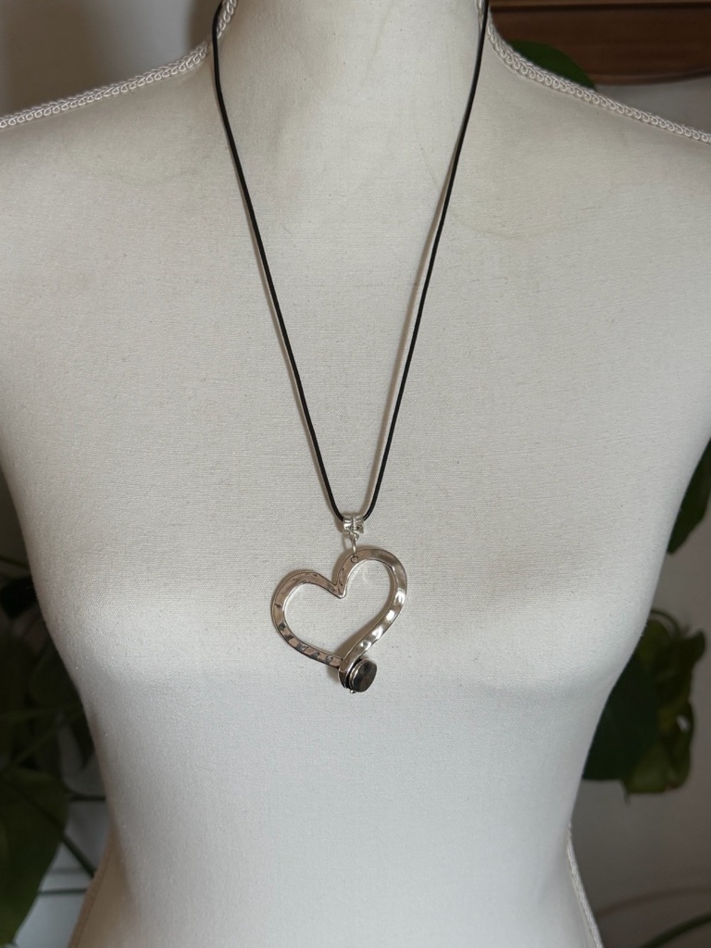 Vintage Hammered Silver Heart Pendant on Black Leather Cord Necklace